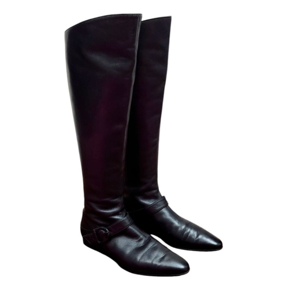 Manolo Blahnik Black Leather Knee High Boots Women’s 36 Flat Riding Elegant - Picture 2 of 15